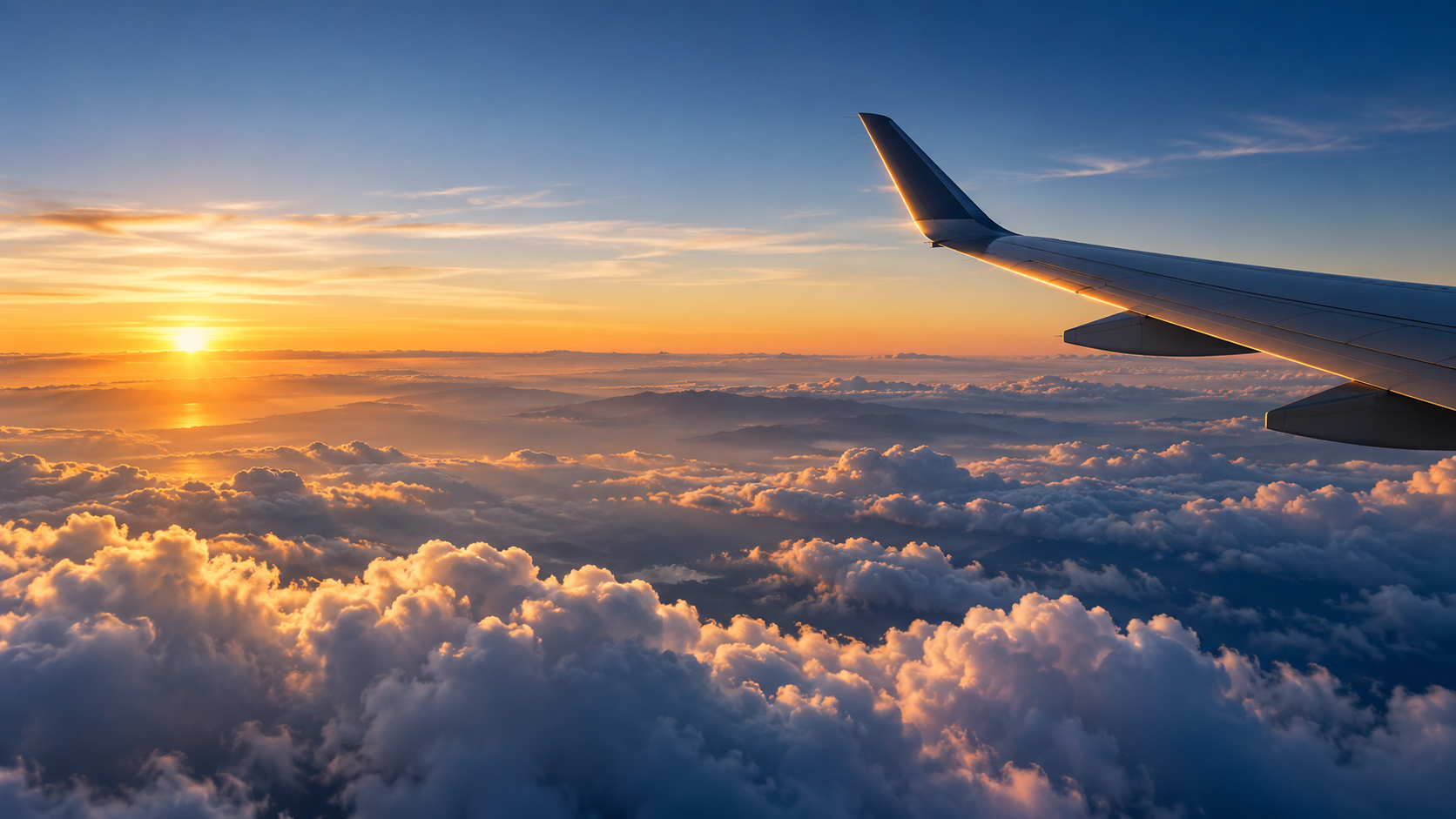Airplane wing above sunset clouds